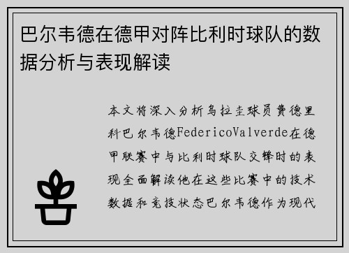 巴尔韦德在德甲对阵比利时球队的数据分析与表现解读